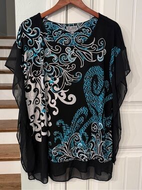 JM Collection Woman 2X Y2K Embellished Chiffon Overlay Blouse Turquoise Black